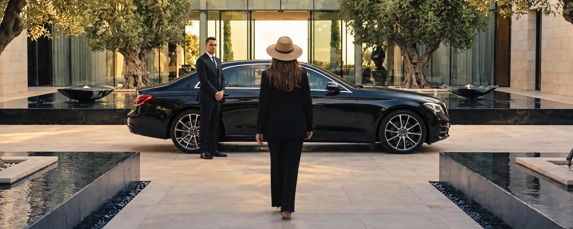 Votre chauffeur vous accueille auprès d’une Mercedes noire